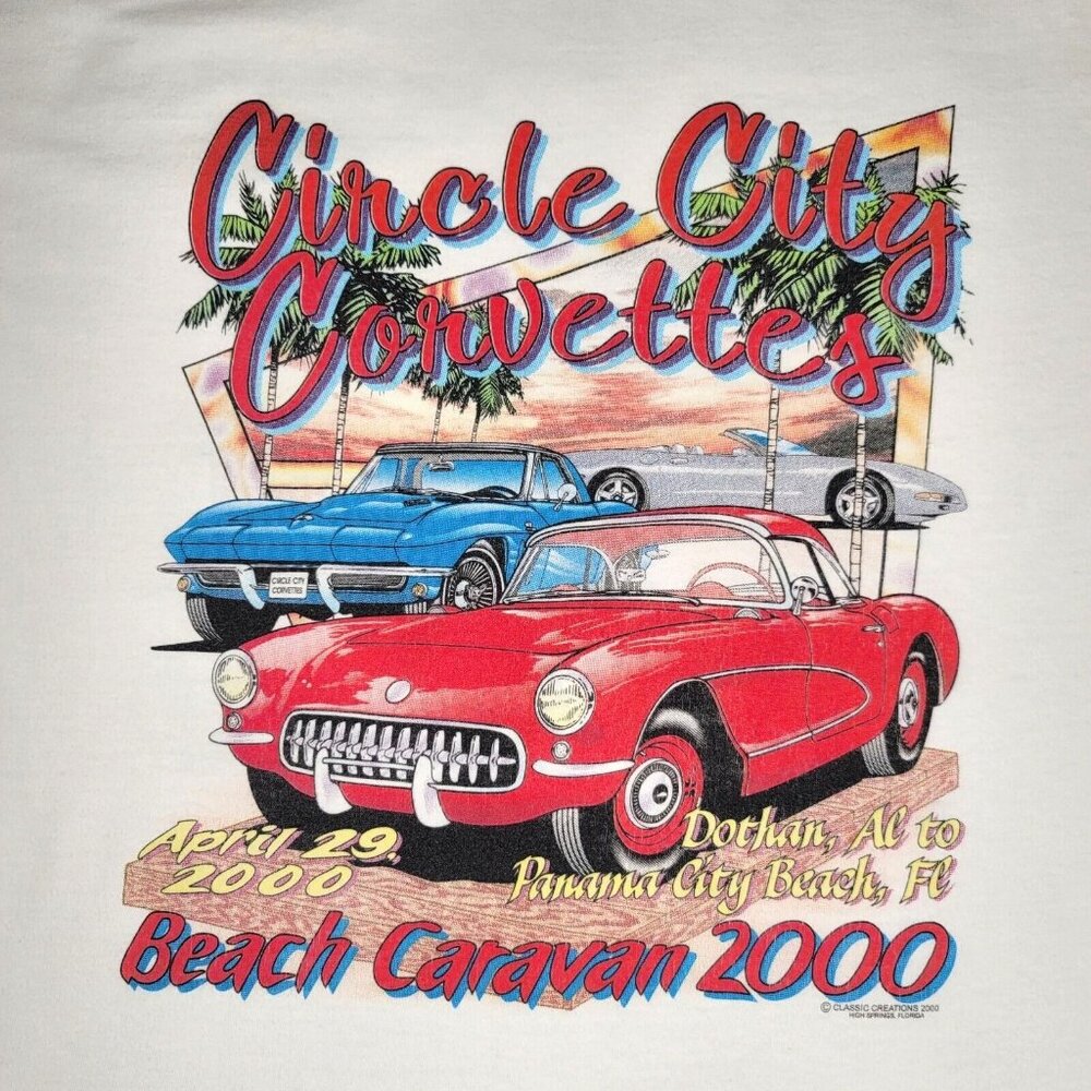 Vintage T Shirt Ss XL White Corvette Circle City Corvettes Beach Caravan 2000's